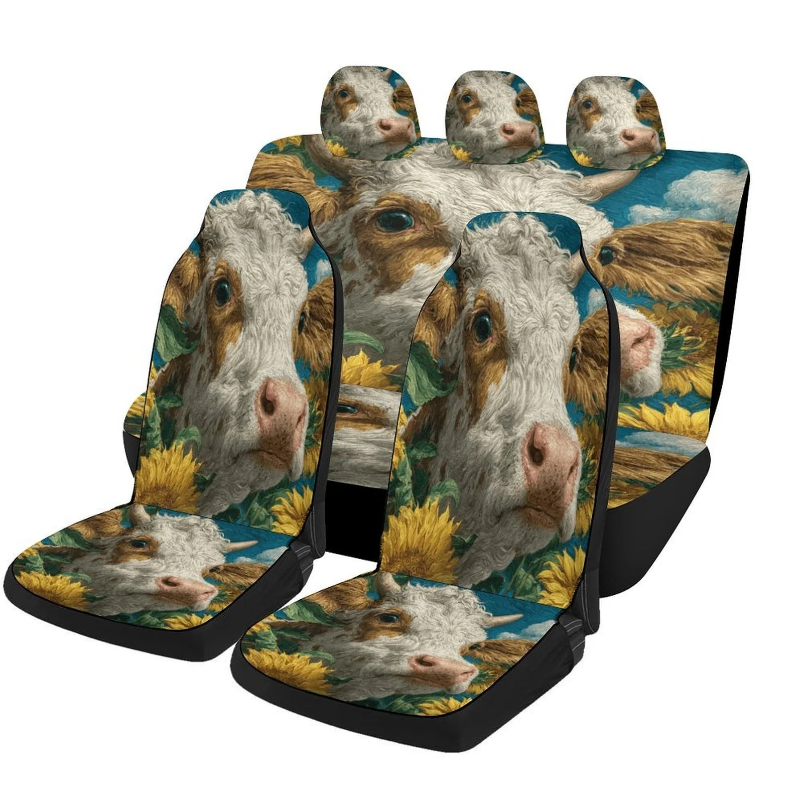Cow Sunflowers Field Designed Car Seat Cover Set For Most Cars, Fashionable Novelty Car Seat Protector Covers Full Set, Car Sea