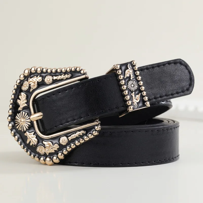 Fashion Metal Engraved Buckle Women's Pin Buckle Belt New Punk Style Spicy Girl Black PU Belt Casual Versatile Accessories