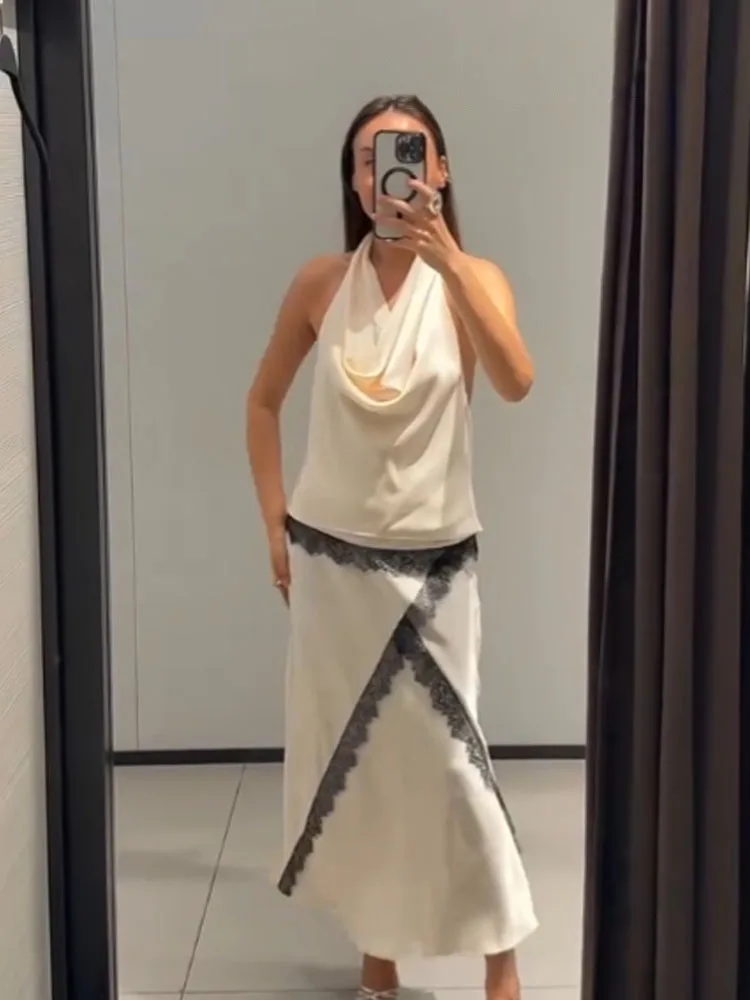 

HH Women 2-Piece Set Summer Fashion Lace Spliced Sexy Backless Neck Halter Vest Top+Elegant Mid Waist Asymmetry Long Skirt