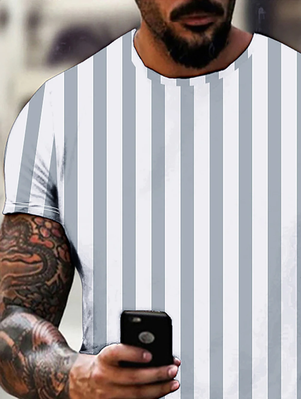 Men's round neck casual T-shirt 3D digital printing short sleeve white stripe printing short sleeve cross-border