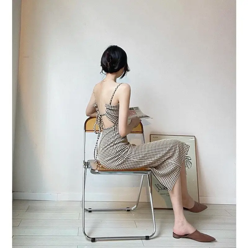 French Retro Houndstooth Temperament Sexy Slim Hip-packing Suspender Long Skirt Hong Kong Style Cross-stretched Dress
