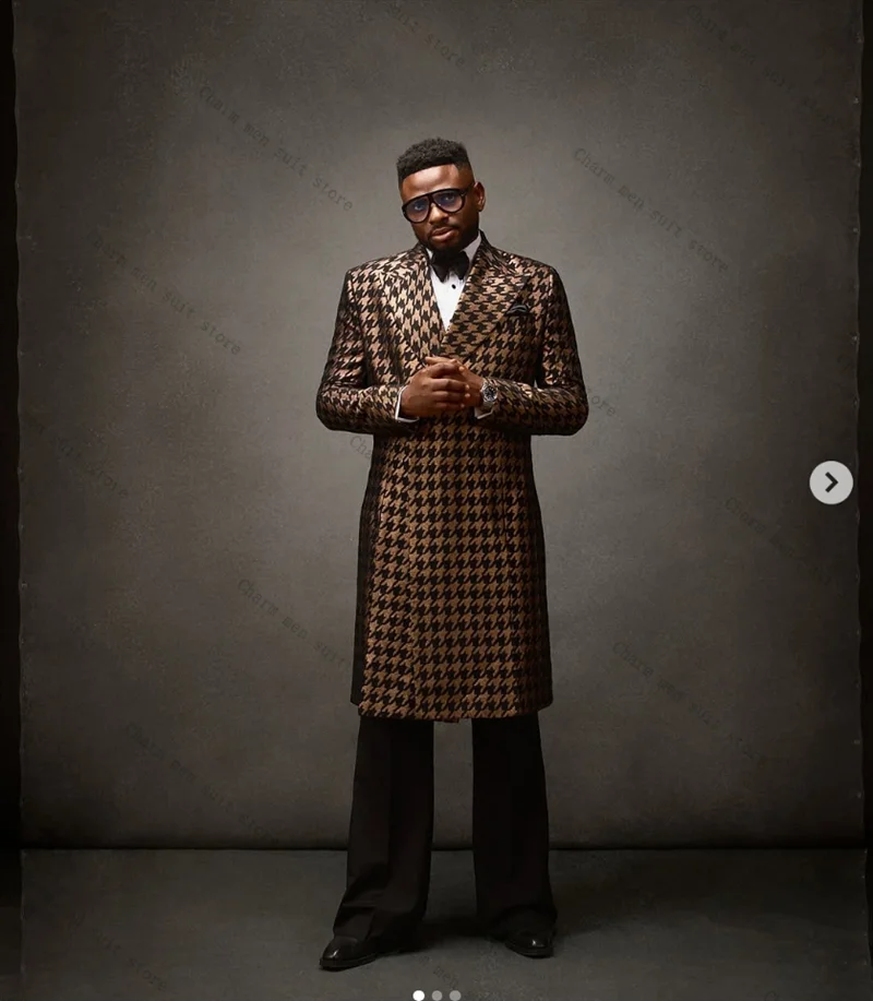 

Длинные коричневые мужские костюмы с узором «гусиные лапки», комплект из 2 предметов: пиджак + черные брюки, брюки, свадебные смокинги, официальный офис, куртка для жениха, выпускного вечера, пальто