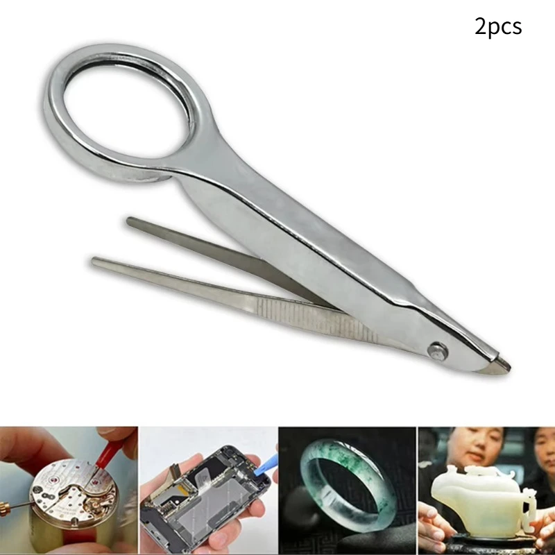 2pcs 10X Handheld Magnifier with Tweezers Multifunctional Magnifying Glass Mini Magnifying Glass Loupe for Reading