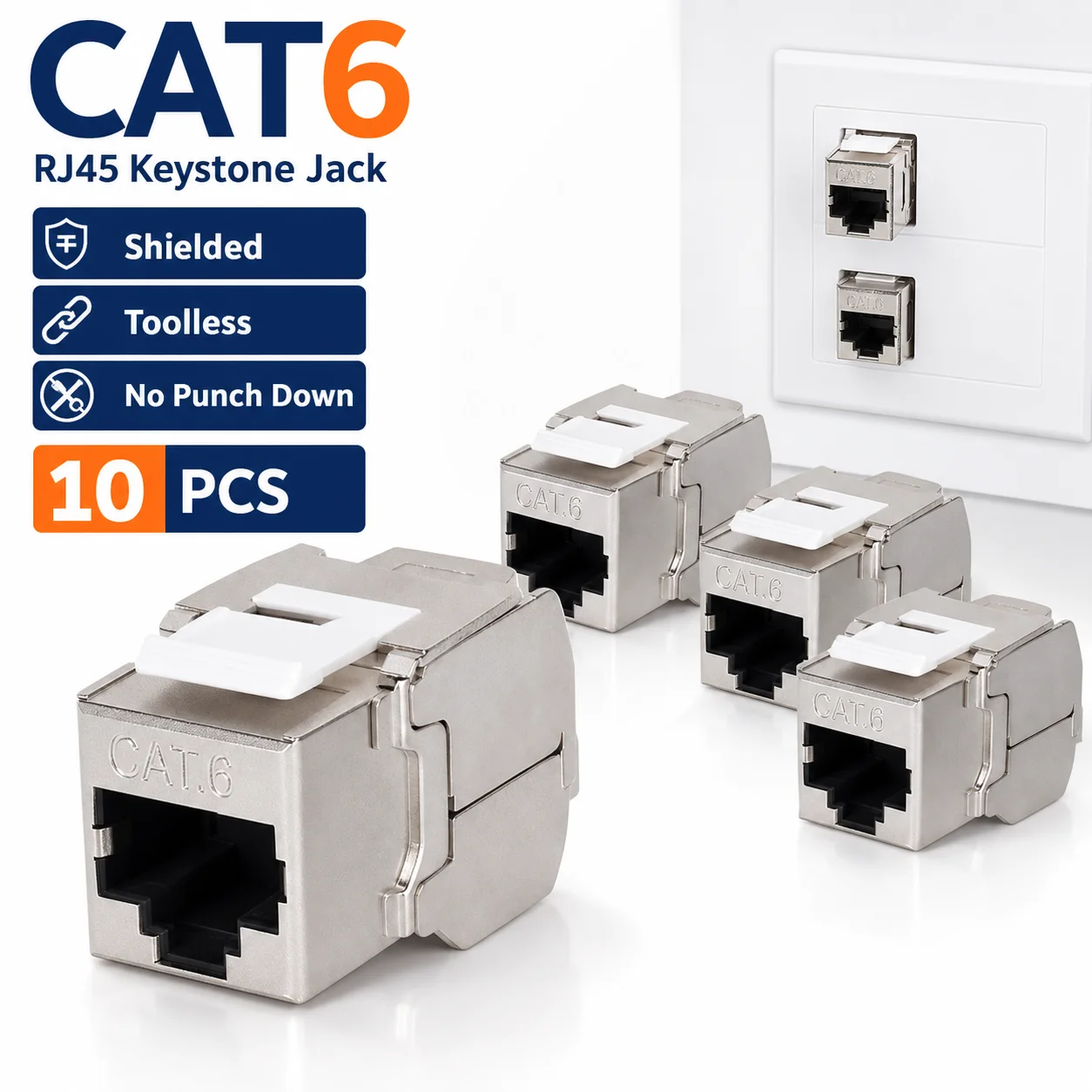 10PCS CAT6 Shielded RJ45 Keystone Jack Toolless No Punch Down 10Gbps Ethernet Network Module for Wall Plate Patch Panel Outlet