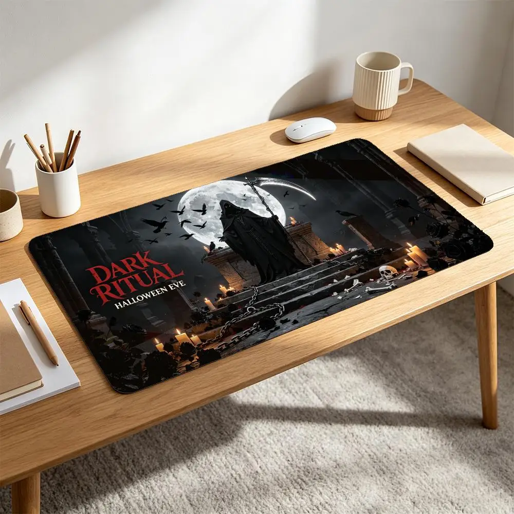 Gothic Dark Ritual Gaming Mousepad Halloween Eve Grim Reaper Crow Skull Large Anti‑Slip Desk Mat Esports Card Game