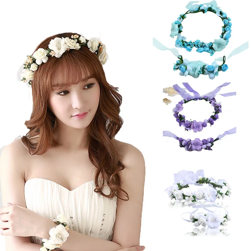 Wedding Bridal Flower Headbands Fairy Hairbands for Women Girls Headdress Wristband Bridesmaid Wedding Hair Jewelry Accessories