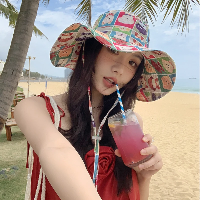 

Korean Version Color Cartoon Animal Print Plaid Bucket Hat Women Summer Cute Vacation Seaside Sunshade Big Brim Strap Sun Cap