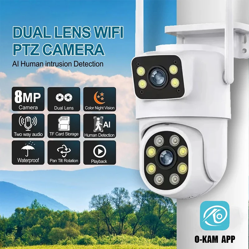 PGST 8MP HD Dual Lens 2.4G WiFi IP Security Camera Wireless PTZ Surveillance Camera CCTV 2-Way Audio IP66 Waterproof Outdoor