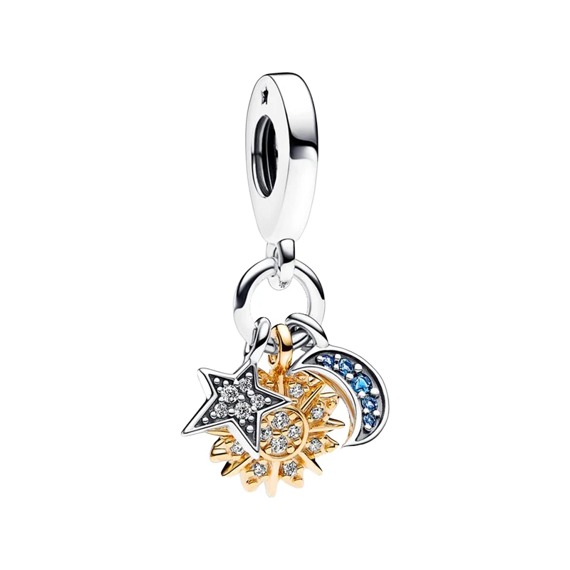 Celestial Triple Pendants Charms For Women Jewelry Shine Gold Sun 925 Sterling Silver Crescent Moon Star Clear CZ Blue Crystals