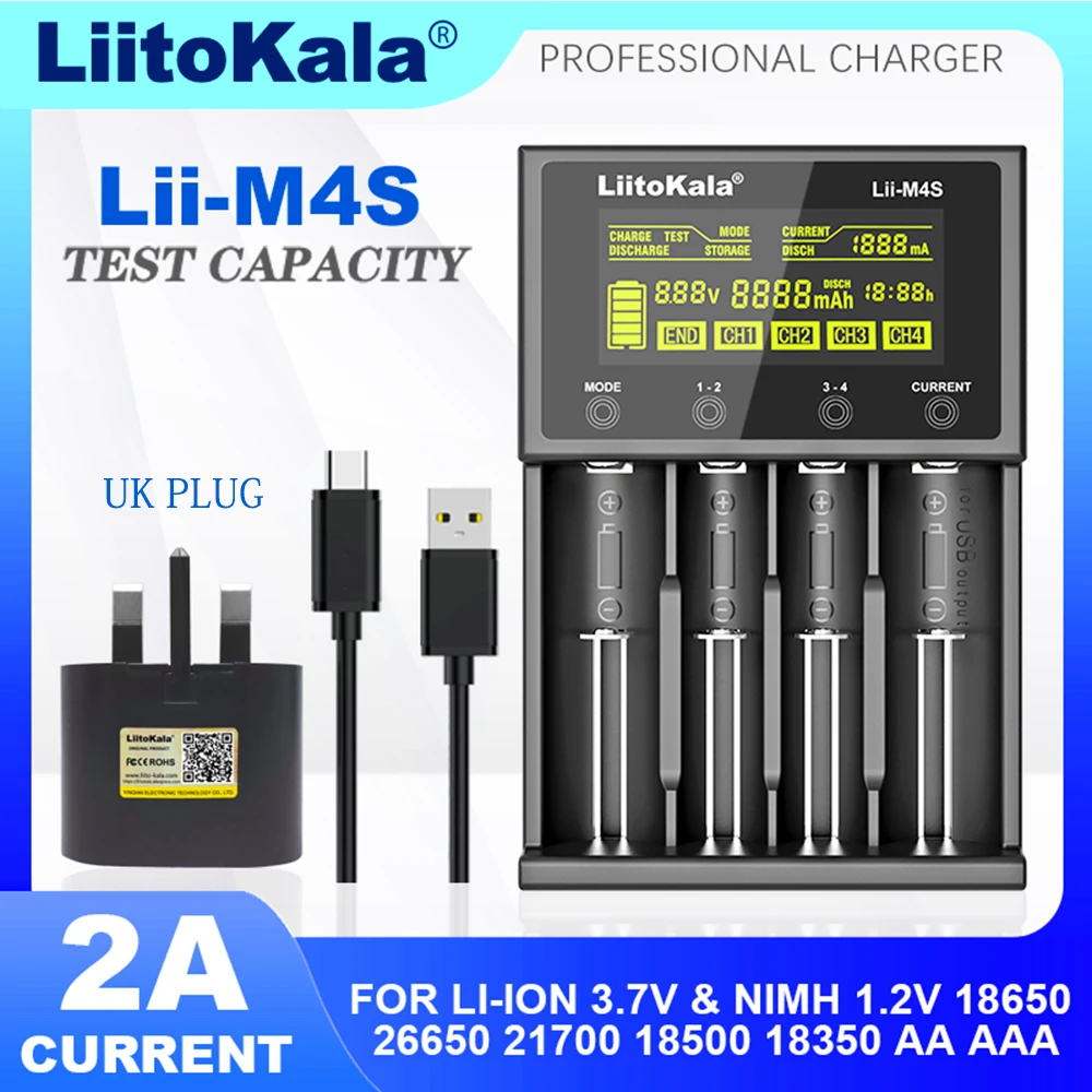 LiitoKala Lii-M4 M4S 18650 LCD Display Smart Charger Test Capacity Suitable For 3.7V 26650 18350 21700 18500 1.2V AA AAA 4 Slots