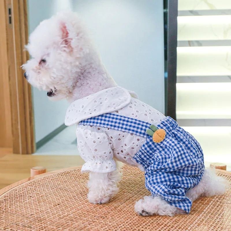 Dog Jumpsuit Cute Suspenders Plaid Overalls Hollow Out Pet Clothes Dog Overalls Bichon Schnauzer Dog Jumpsuit Puppy Cat Rompers