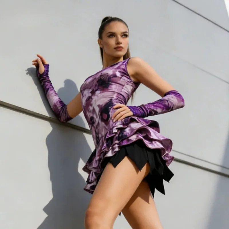 

Purple tie-dye adult Latin dance suit suspender dress national standard daily practice suit lotus leaf pendulum