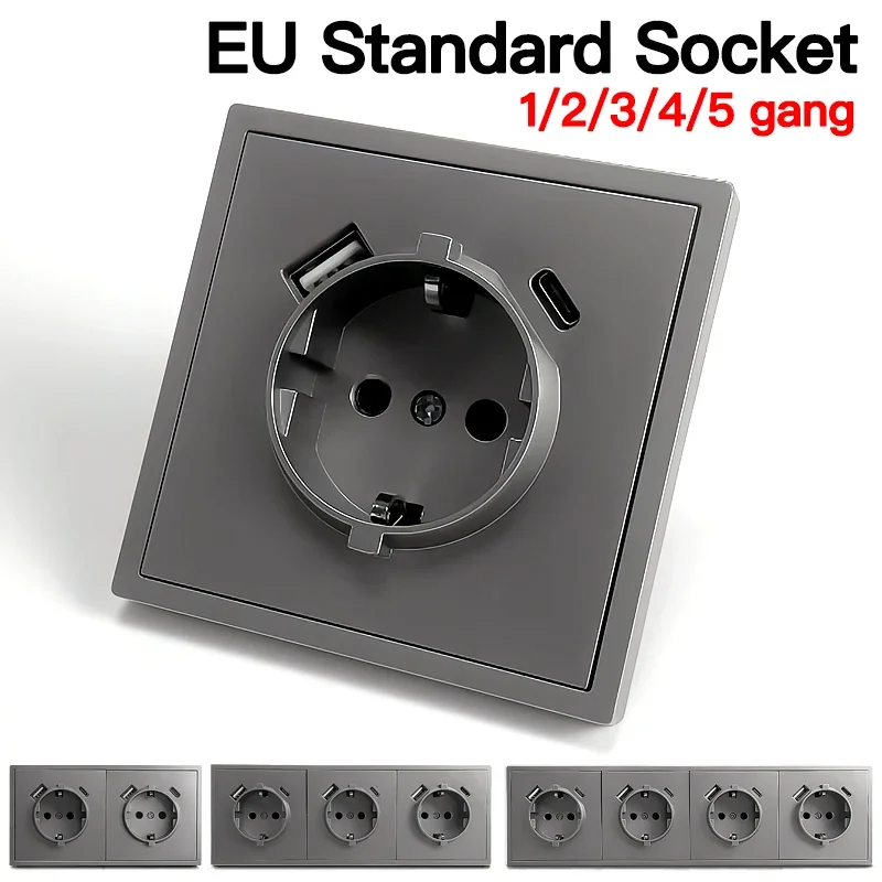 

EU Standard Schuko Wall Socket 16A 250V, USB Type-C Ports 80×80mm Modern Wall-Mounted Outlet with Large PC Board for Home Office
