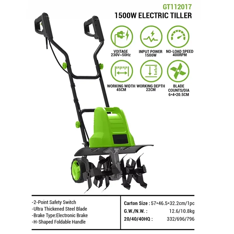 For 1500W 450mm Tilling Width Power Tiller with 220mm Working Depth Easy to Operate for Yard & Garden Vegetable Patch