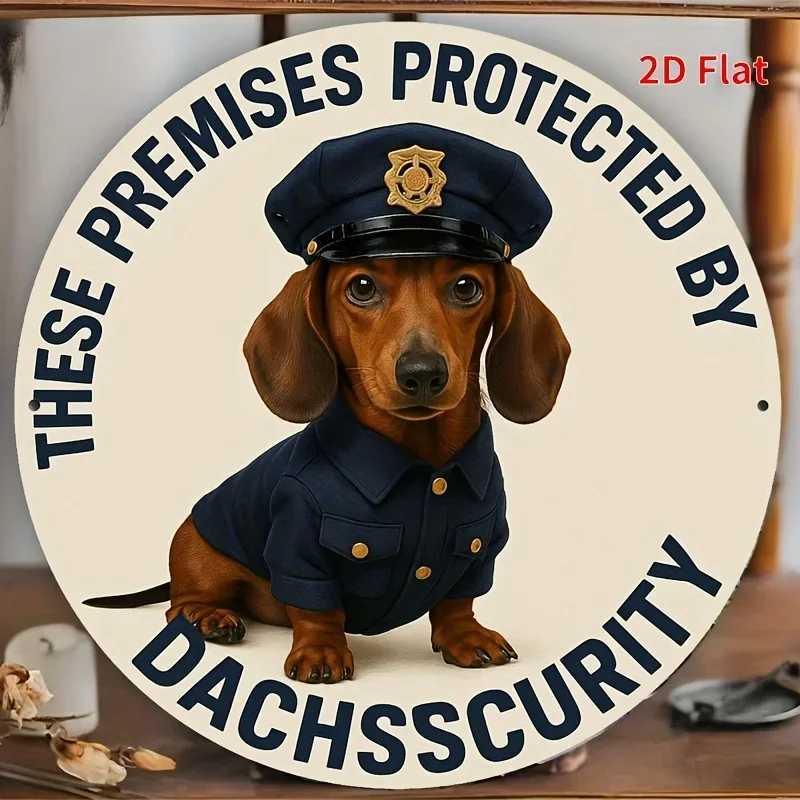 2D Flat - Round Decorative Sign Featuring a 2D Dachshund Police Theme - Secured by Dachshund Security