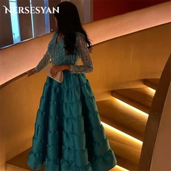 Nersesyan Glitter Satin Formal Evening Dresses Sequins Tulle Long Sleeves Party Gowns V-Neck A Line Draped Vestidos De Fiesta