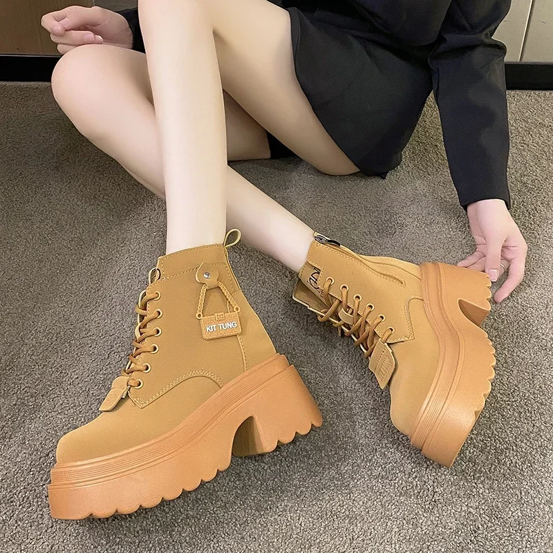 New Autumn Platform Ankle Boots10CM High Heels Women Thick Sole Winter Leather Non-Slip Punk Shoes Chunky Motorcycle Boots Woman