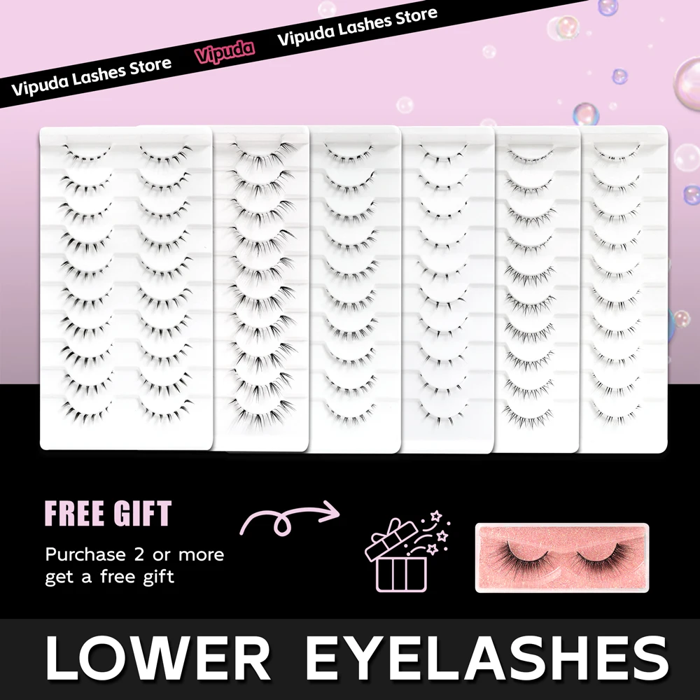 10 pares de cílios inferiores Pack sob os cílios macios cílios inferiores 100% Handmade Clear Band Manga Bottom Lashes Maquiagem Ferramentas