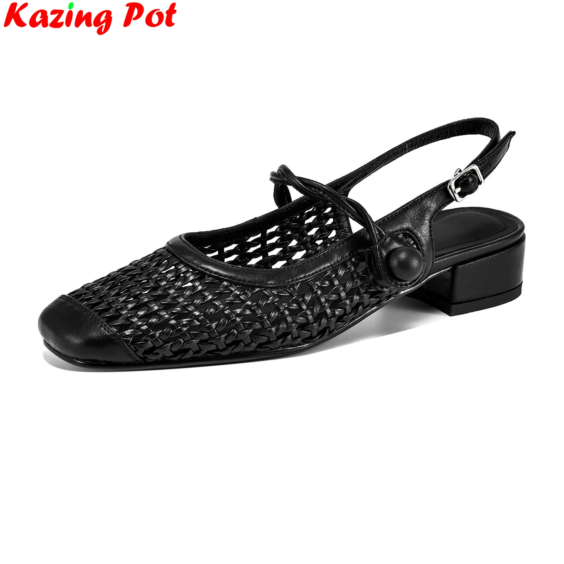 Krazing Pot High Quality Square Toe Chunky Med Heels Elegant Summer Shoes Concise Mary Janes Slingback Office Lady Women Pumps