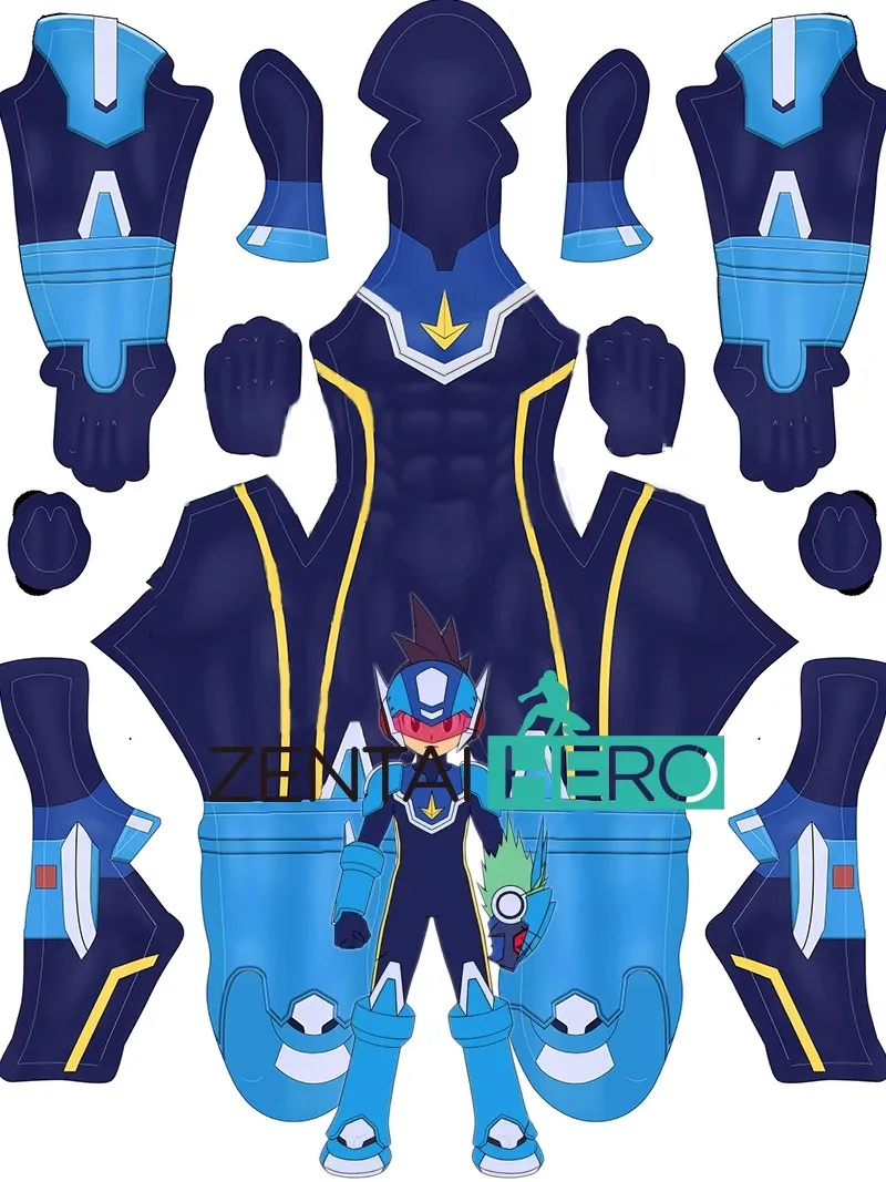 

New Arrival Male Hoshikawa Subaru Comic Printing Spandex Blue Megaman Star Force Cosplay Costume for Halloween Open Face