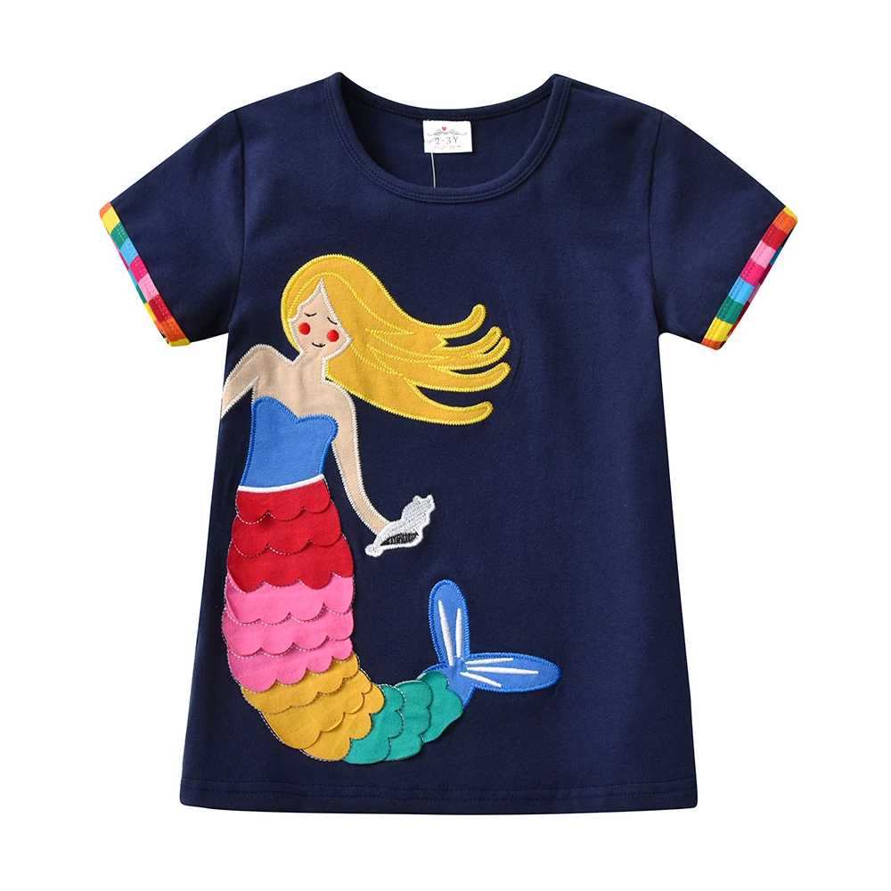 DXTON Kids Short Sleeve Tees For Girls Mermaid Applique Children's Tops Cotton Summer Toddler Girls Daily T-shirts Clothing