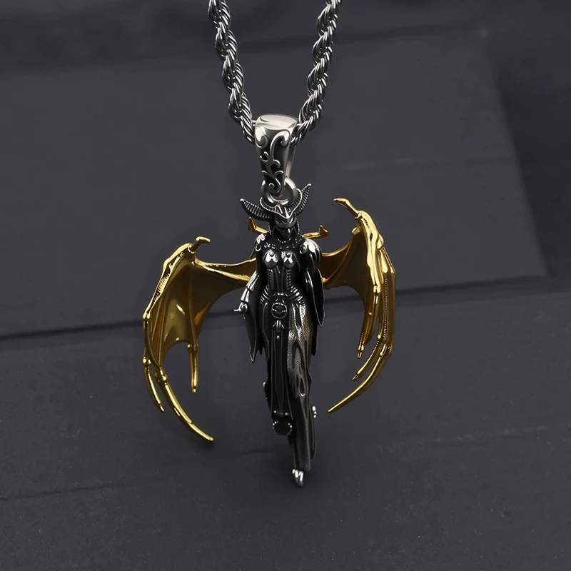 Retro Gold Color Winged Witch Devil Necklace Men's Trendy Punk Gothic Cartoon Character Necklaces Thai Silver Jewelry KOFSAC