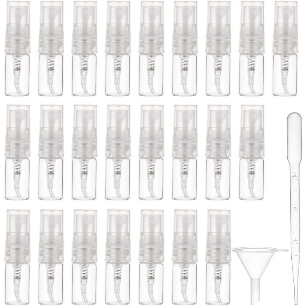 40pcs 2ml Mini Fine Mist Spray Bottle Refillable Sample Bottle with Transparent Plastic Lid 10pcs Dropper and 4pcs Funnel