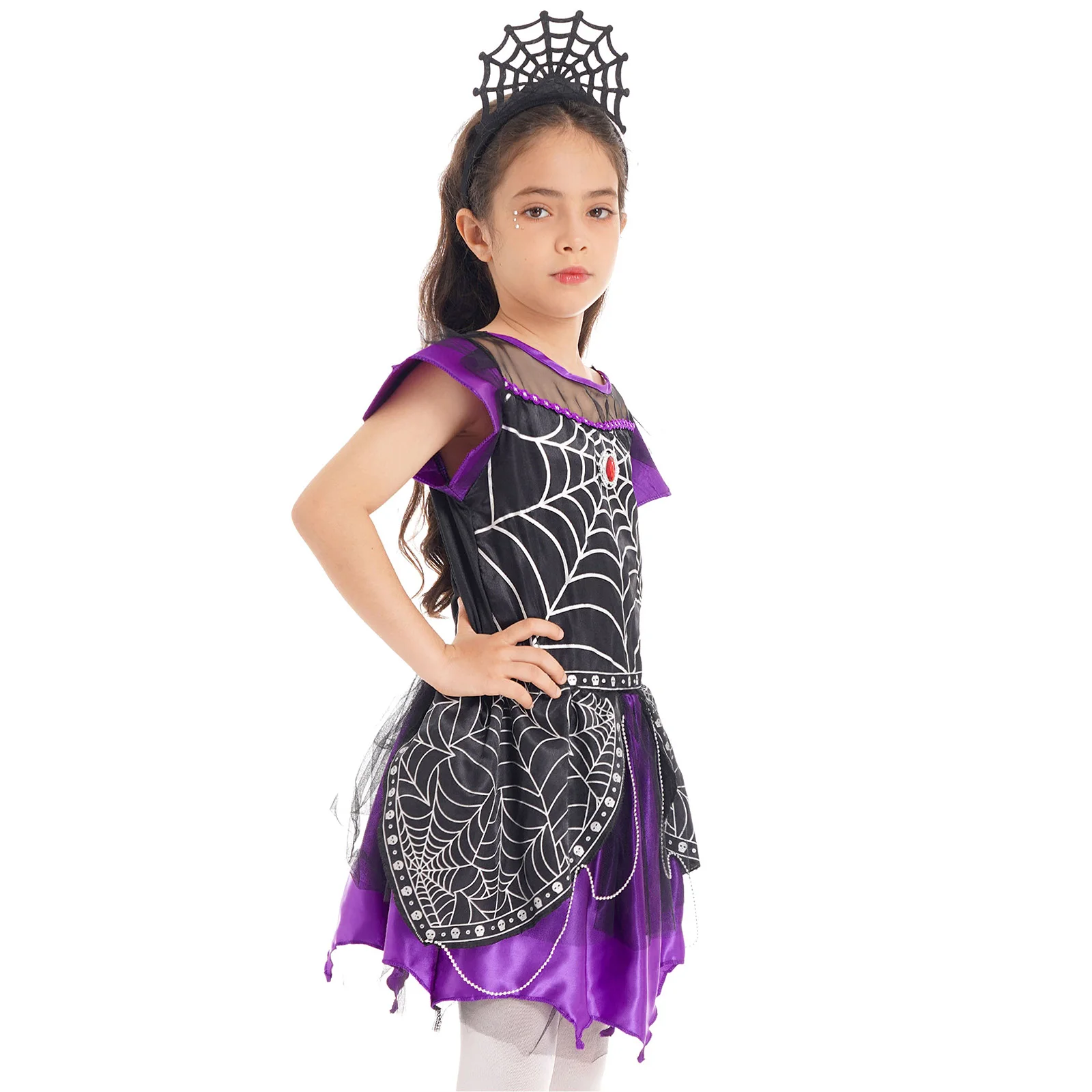 Meisjes Halloween Spider Queen Cosplay Kostuum Spinneweb Print Jurk Met Hoofddeksels Voor Thema Party Maskerade Rollenspel Prestaties