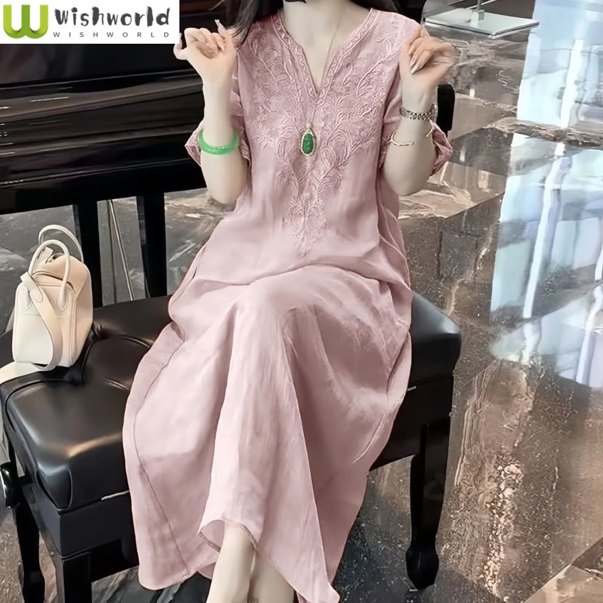 

Embroidered V-neck Dress for Spring and Summer New Loose and Slimming Style Elegant Women's Dress