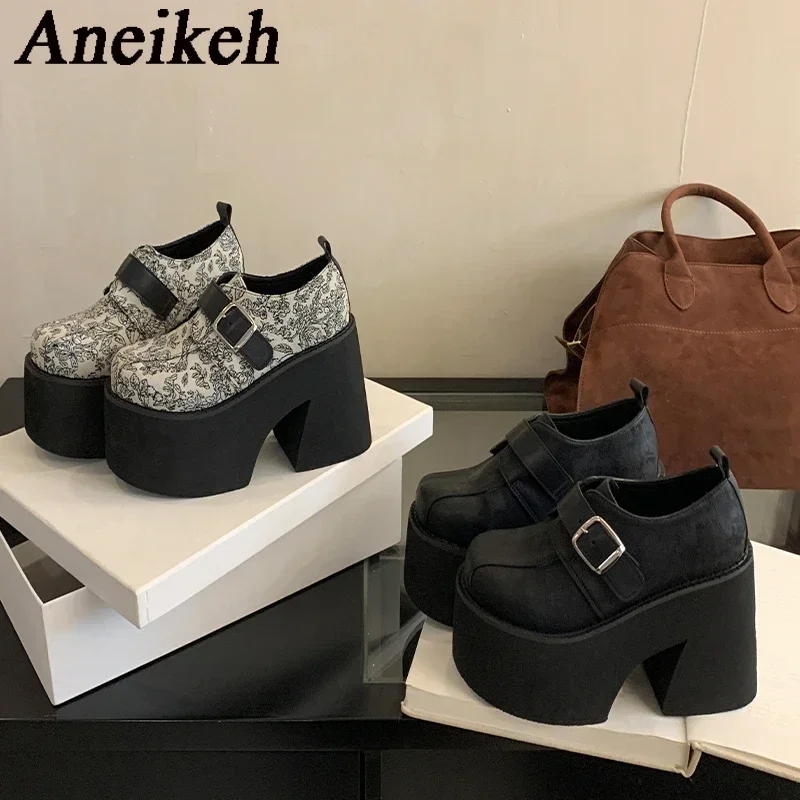 Aneikeh Fashion Mixed Colors Black Thick Soled Ankle Boots for Women 2025 New Spring Short Boots High Heels Zipper Botas Muje