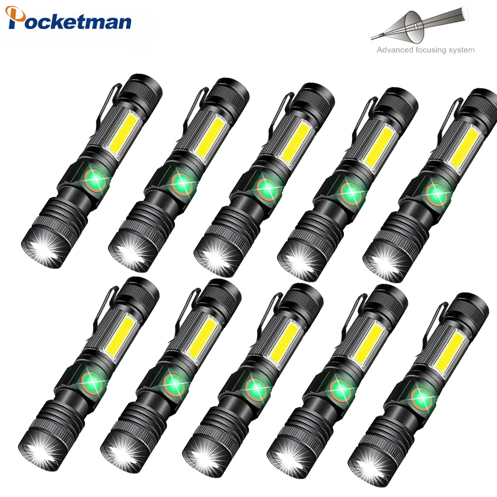 10PCS LED 4-Mode Zoomable Flashlight with COB Side Light USB Rechargeable Work Light Magnetic Torch Outdoor Camping Lantern