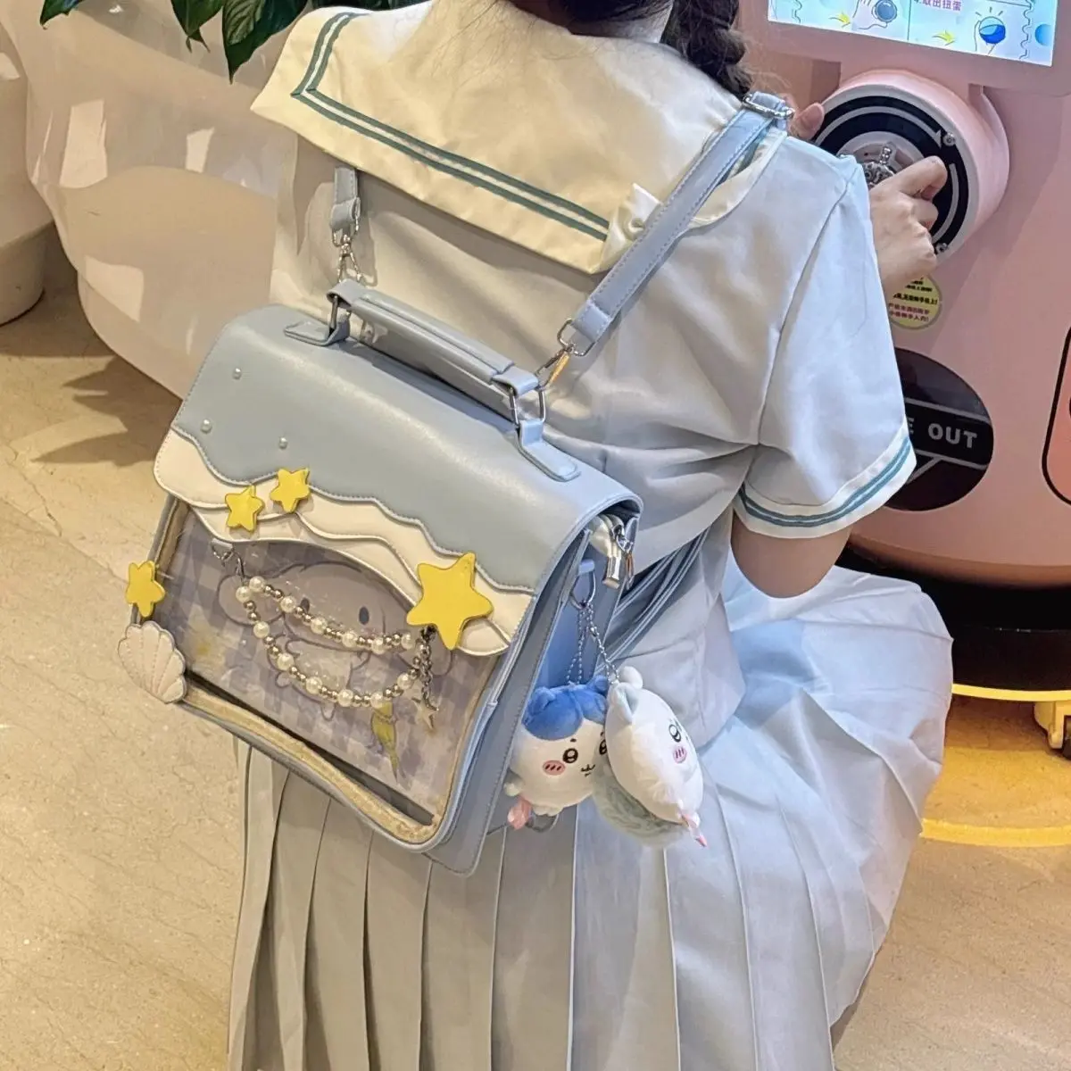 

JIAERDI Sweet Cute Star Shell Backpack Women Anime Badge Large Capacity Badge Ita Bag Ladies Harajuku Kawaii Pearl Chain Daypack