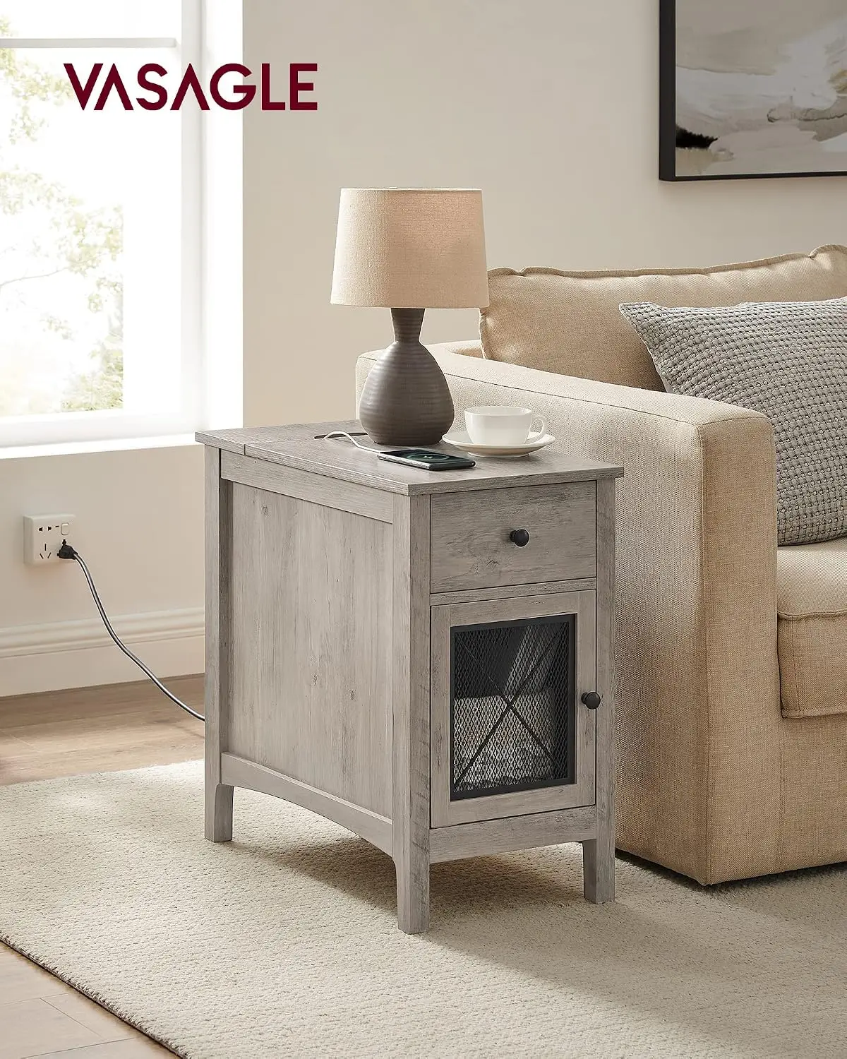 VASAGLE Side Table Storage USB Ports Outlets Living Room Bedroom Small Space Wood Metal, Customized
