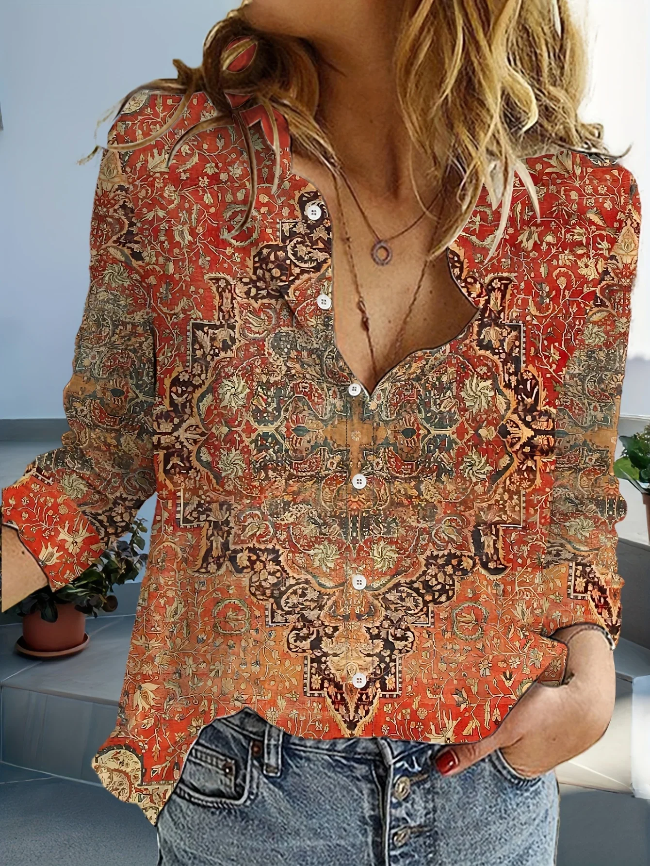 Women's Shirts Spring Autumn Fashion Casual Pattern Design Blouse Lapel Neck Blouse Female Long Sleeve Shirts Womens Clothing