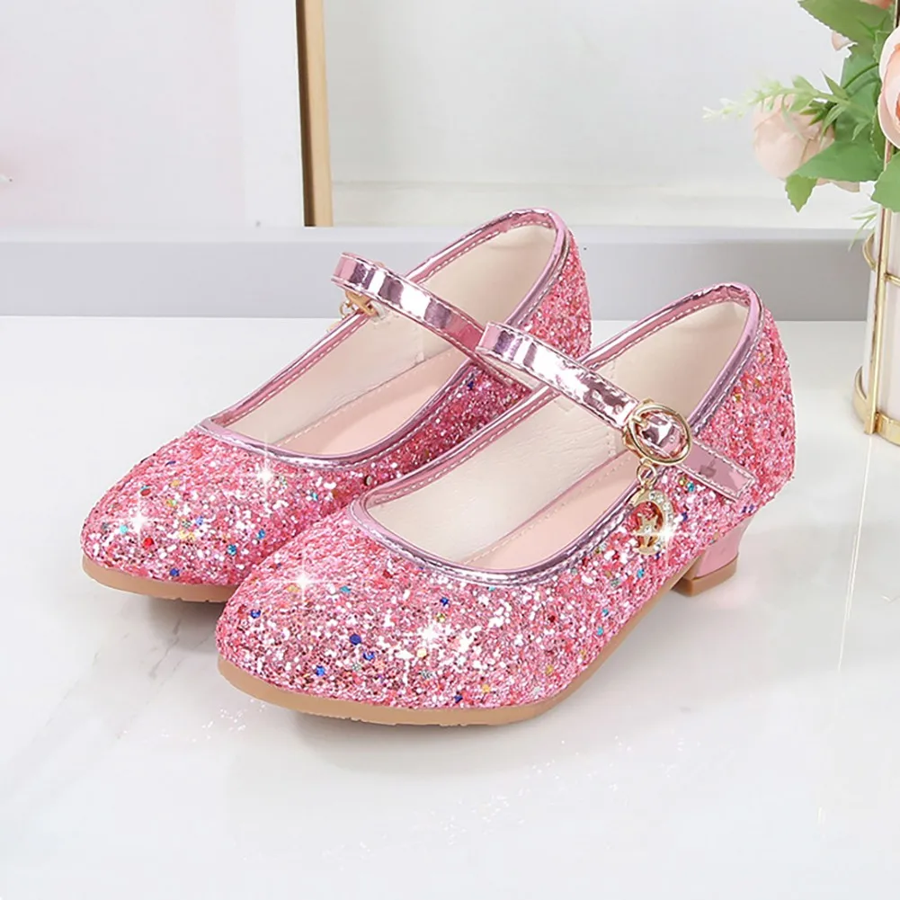 Princess Kids Girls Party Shining Dance Shoes Anti-slip Soft Children Sequins High Heels Shoes Birthday Holiday Casual Shoes