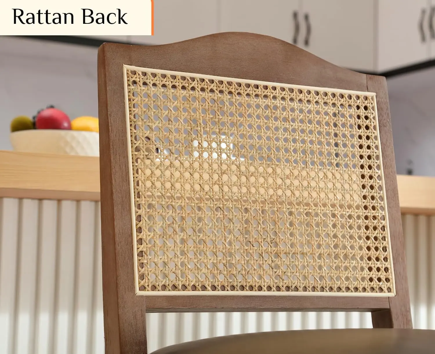 Counter Height Bar Stools Set of 2 Farmhouse Rattan Back Leather Upholstered Kitchen Island Chairs