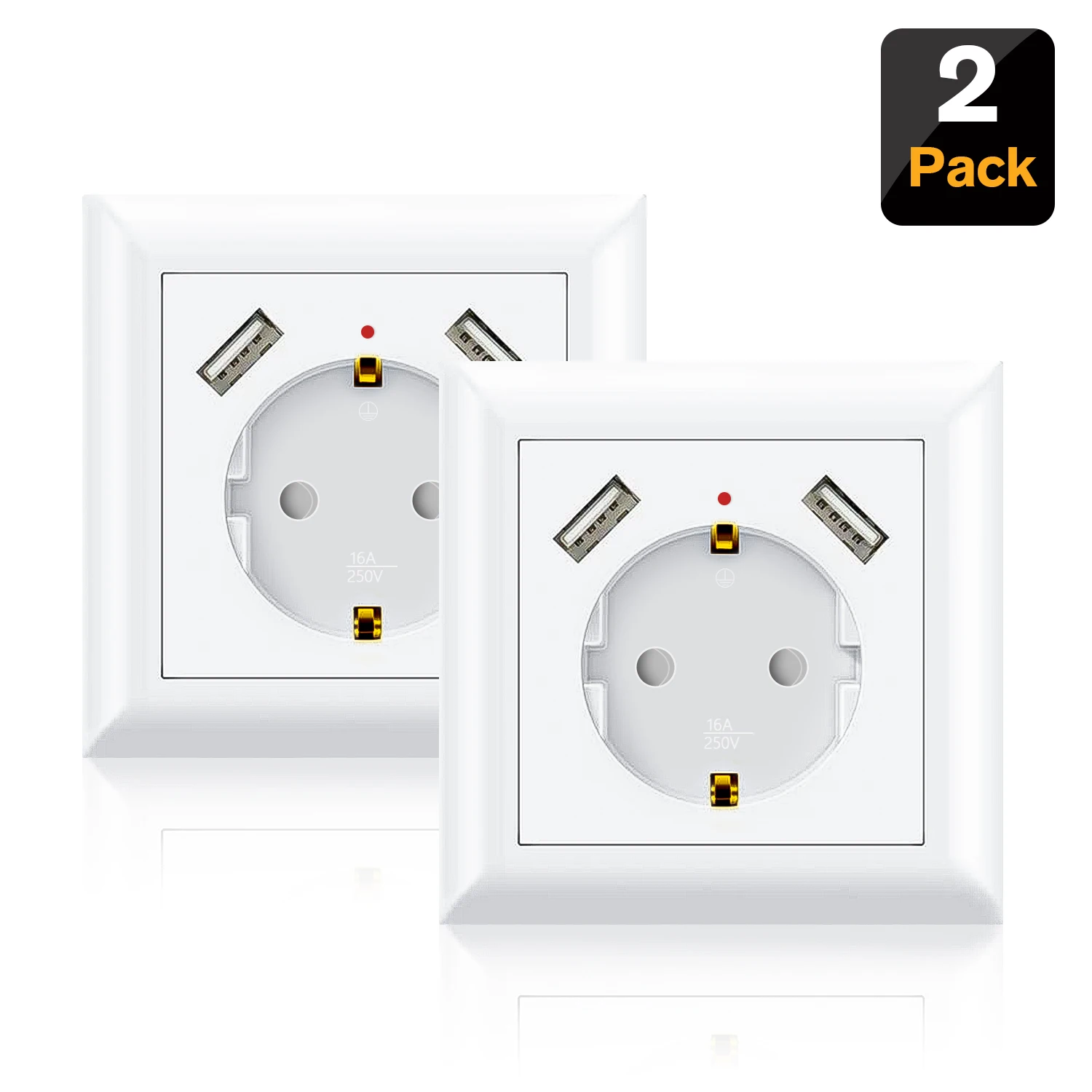 2 Pack European Plug Wall Socket with 2 USB Ports Power Adapter with Safety Door 16A, Suitable for Home Use