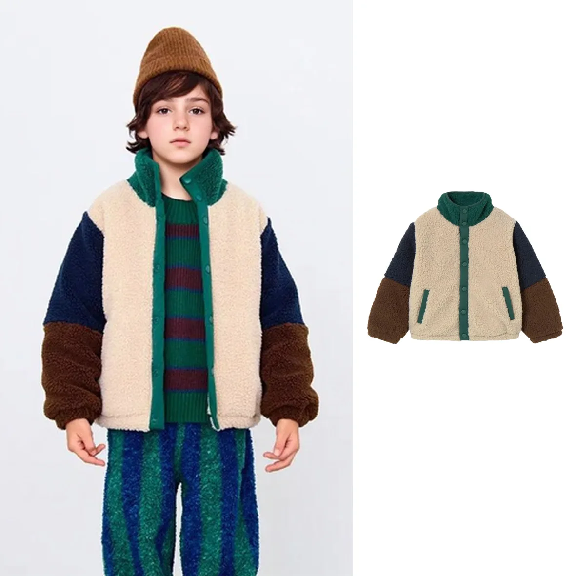 

Children's Jacket 2025 Winter New Style Color blocked Fashion with Velvet Warm Boys' Cotton Jacket Pure Cotton High Collar Top