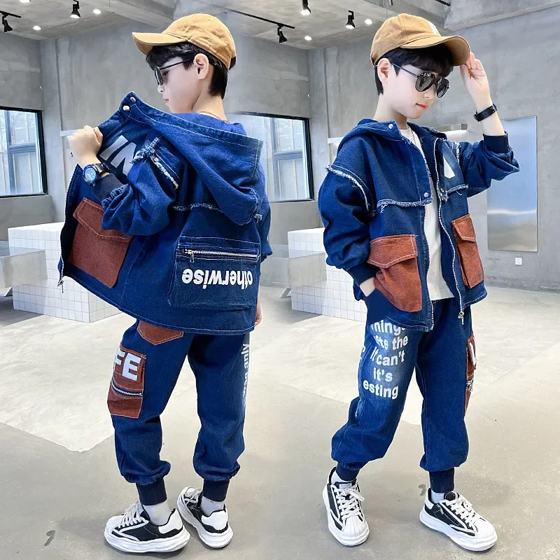 Cool Jeans 2Pcs Set Spring Autumn Fashion Clothes For Boys Kids Coat + Pants Outfits Teenage Casual Tops Children Clothing Suit