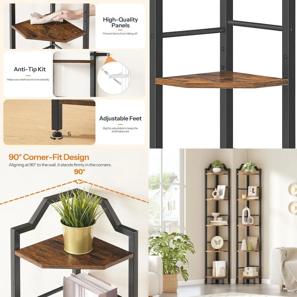 

5-Tier Rustic Corner Shelf Stand, 63 Tall, Multipurpose Display for Home, Kitchen, Study - Brown & Black