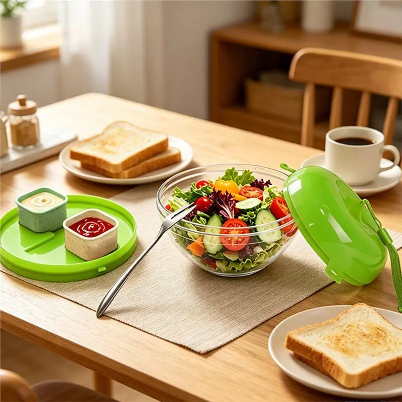 M11K-Salad Shaker Bowl With Fork 20Oz Leak-Proof Portable Lunch Box Featuring 4-Compartment Salad Container& 2 Dressing Cups