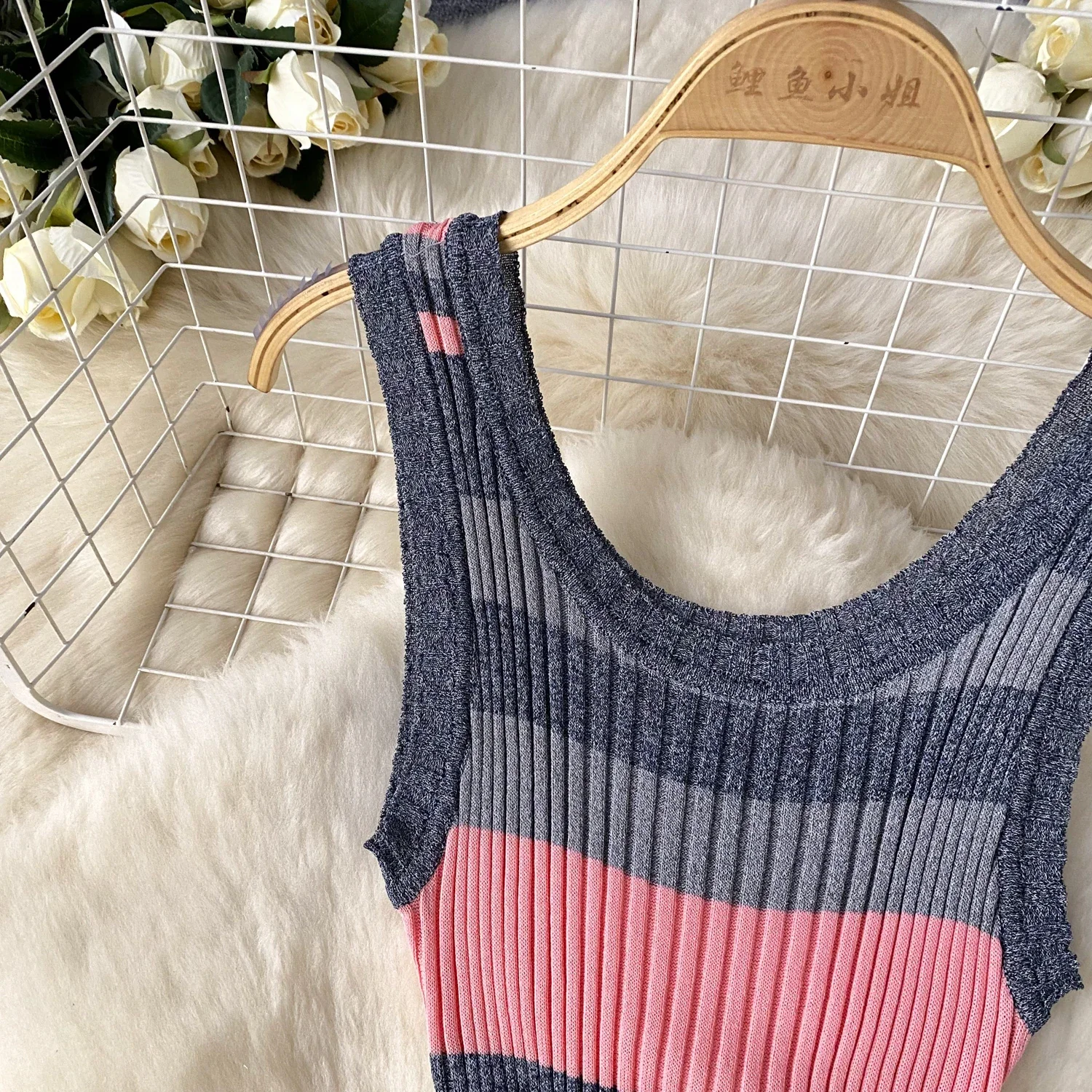 2024 Summer Strip Knit Sexy Strap Dress Women Tank Elatic Waist Bodycon Sundress Female Beach Long Dress