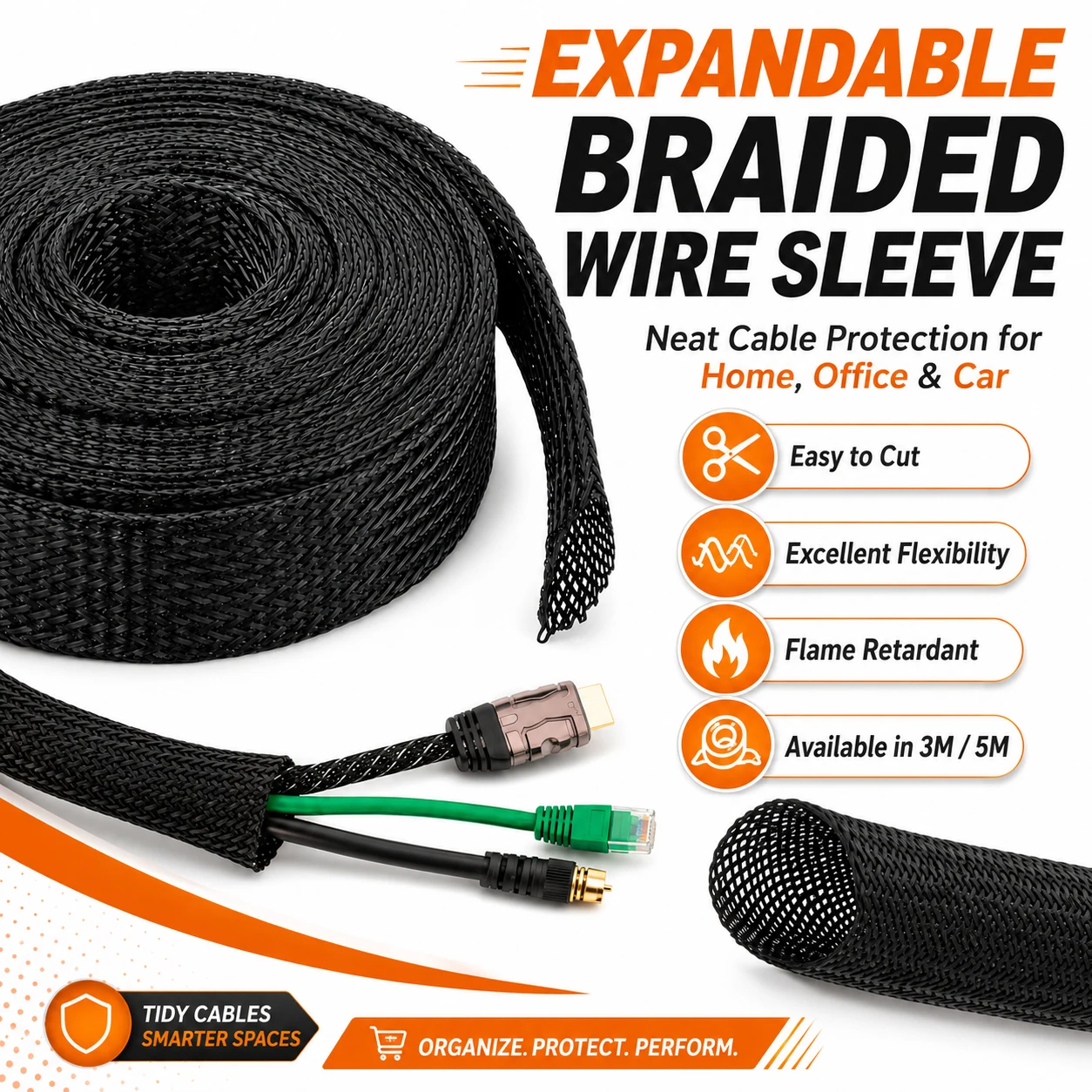 1-3Roll 3/5meter Black PET Expandable Cable Sleeve, Braided Flame Retardant Insulated Nylon Tube Wire Protection Wrap