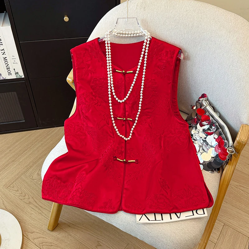 New Chinese Style Gold Thread Embroidery round Neck Acetate Satin Vest Women's Spring 2026 New Model Commute Style Outerwear