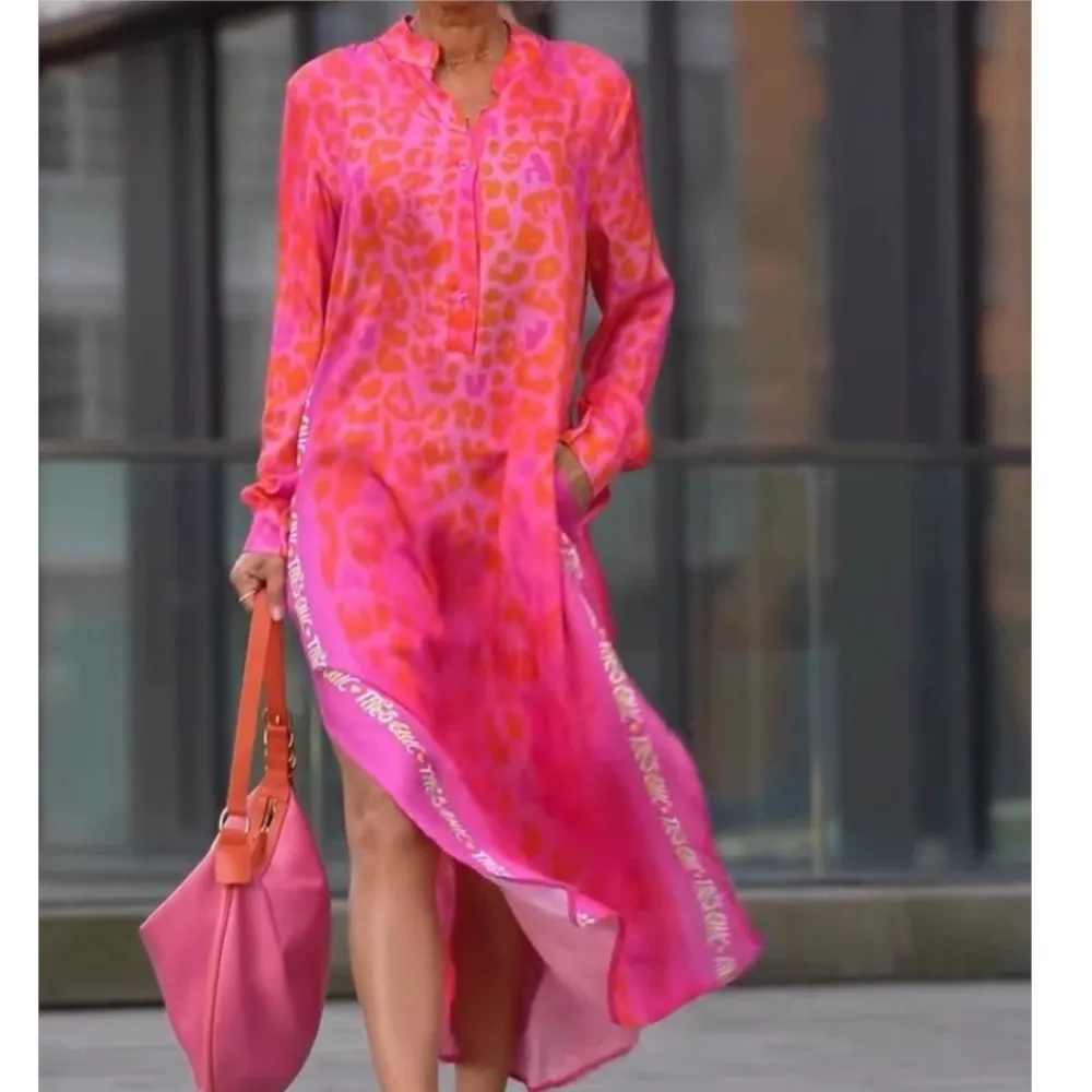 

Leopard Print Summer New Print Long Sleeved Long Dress Sexy V-neck Slit Pocket Button Loose Dress Women's Clothing