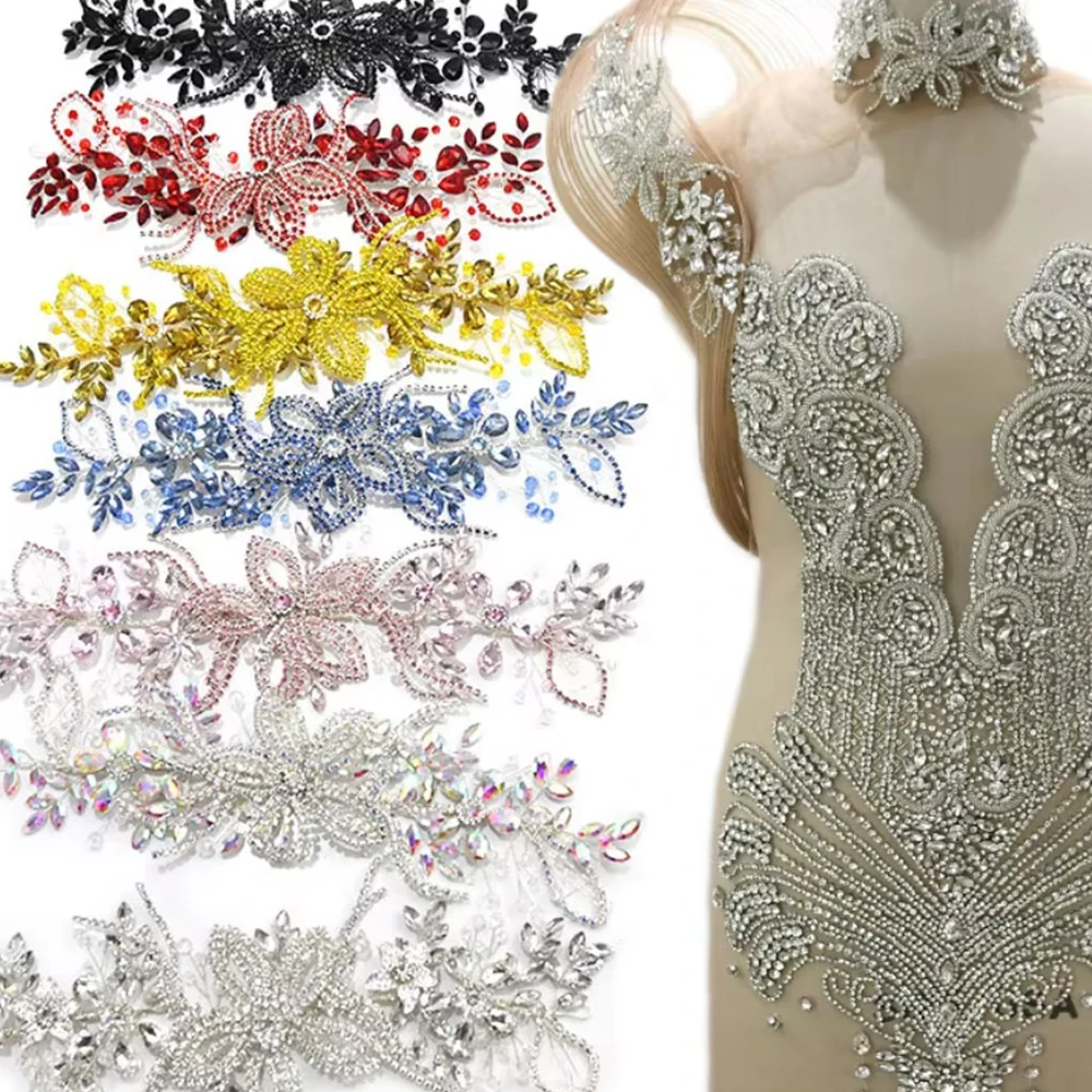 DZ292 Rhinestone Applique Crystal Beads Patches for Dress Fashion Clothing 3D Rhinestone Flower Applique for Wedding Dress