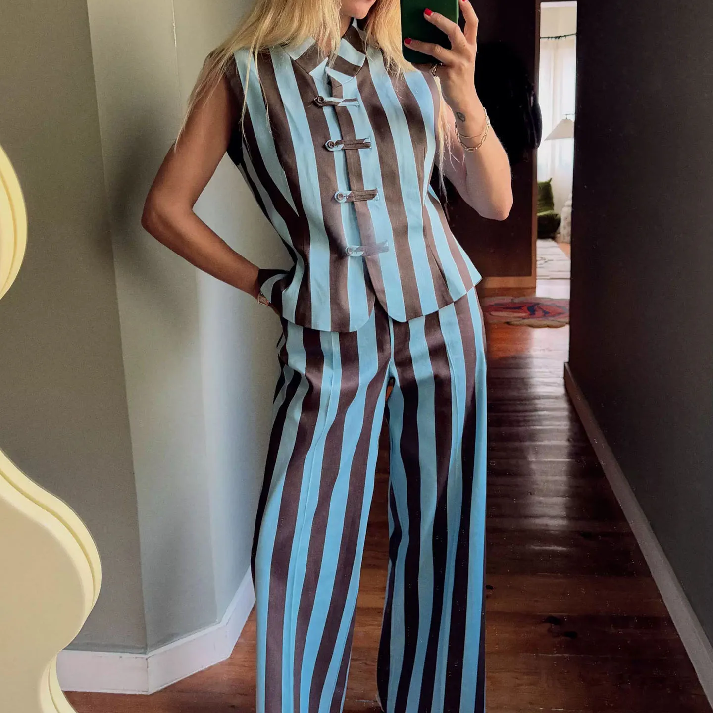 Women's Sleeveless Striped Rope Knot Vest Top with Straight Leg Pants Color Block Summer Fashion Set ZADATA Brand