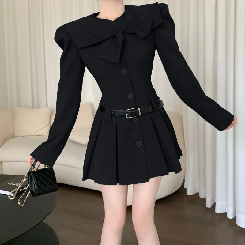 เดรสกระดุมแถวเดียวสำหรับผู้หญิงชุดเดรสมีจีบแขนมีโบว์สำหรับฤดูใบไม้ผลิและฤดูร้อน cewek seksi หวาน