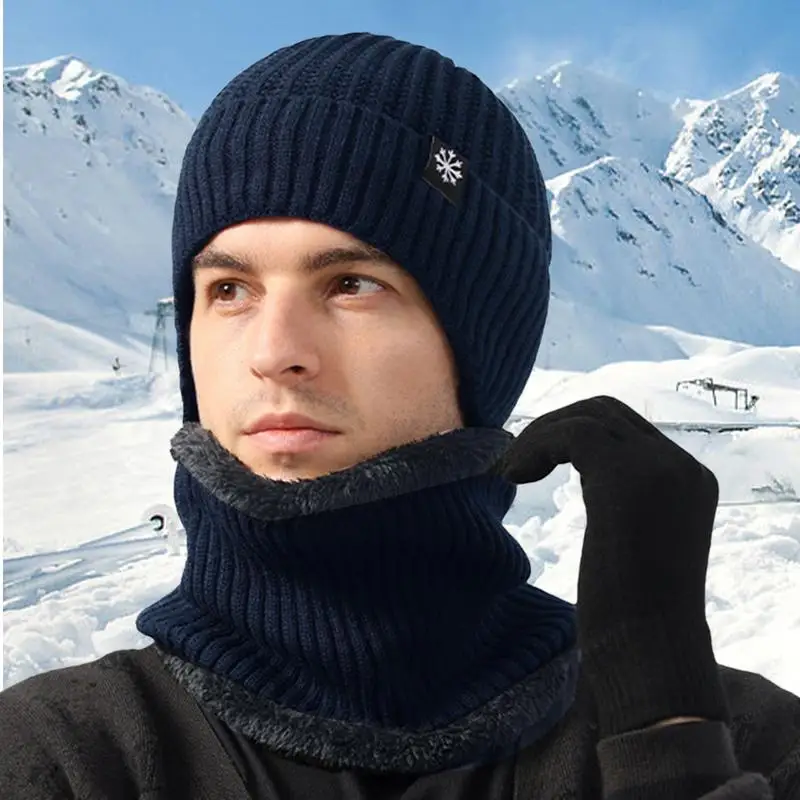 Mens Winter Beanie Hat Scarf 2 Piece Neck Warmer Scarf Fleece Lined Thermal Knit Beanie Scarf Winter Pullover Hat Ear Protector