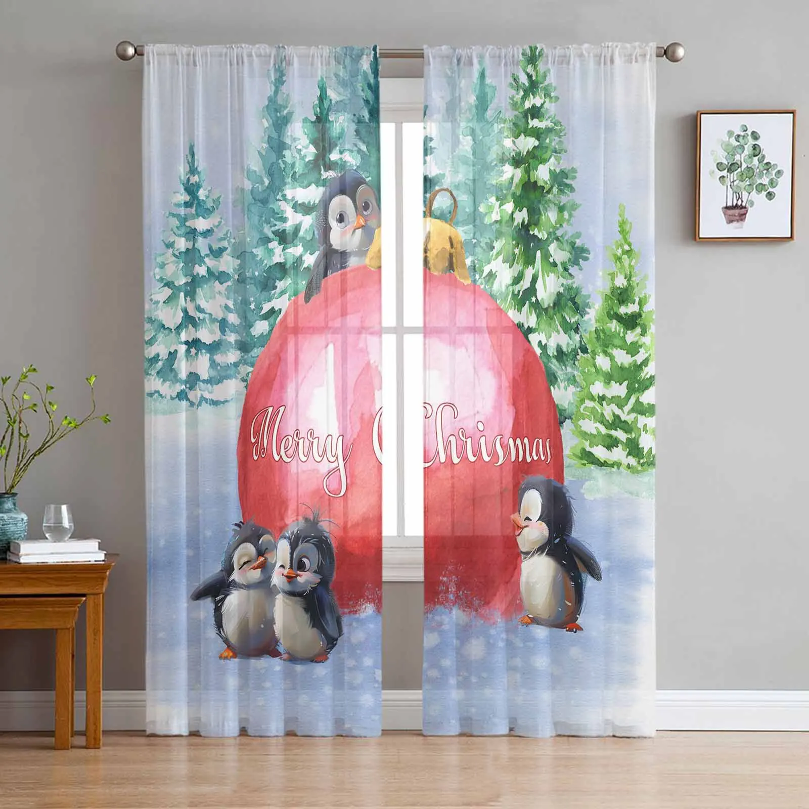 

Christmas Forest Lantern Penguin Cartoon Tulle Curtains for Living Room Bedroom Sheer Voile Drapes Modern Printed Curtains